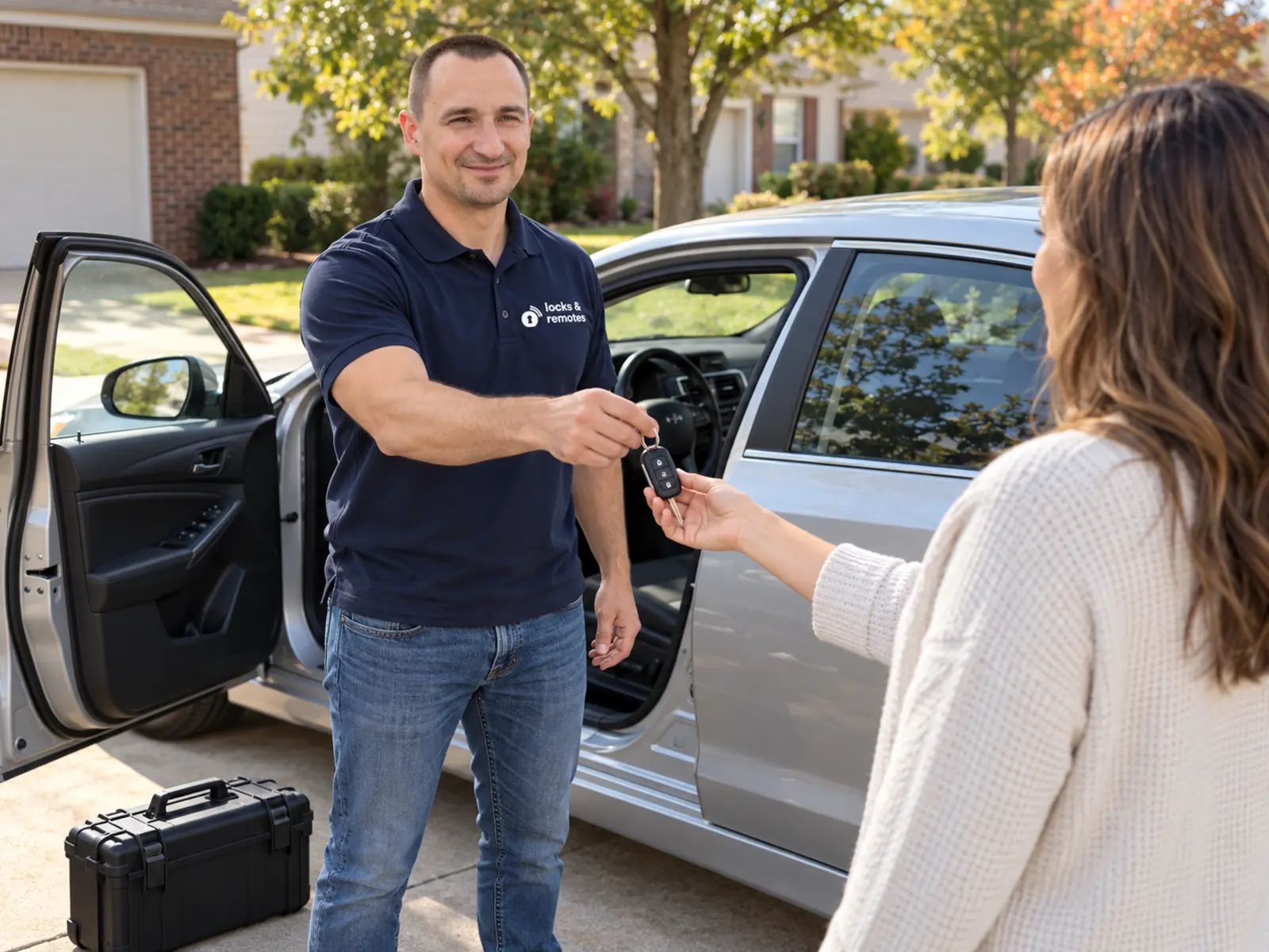 Locks and Remotes 24/7 technician handing a new car key to the owner