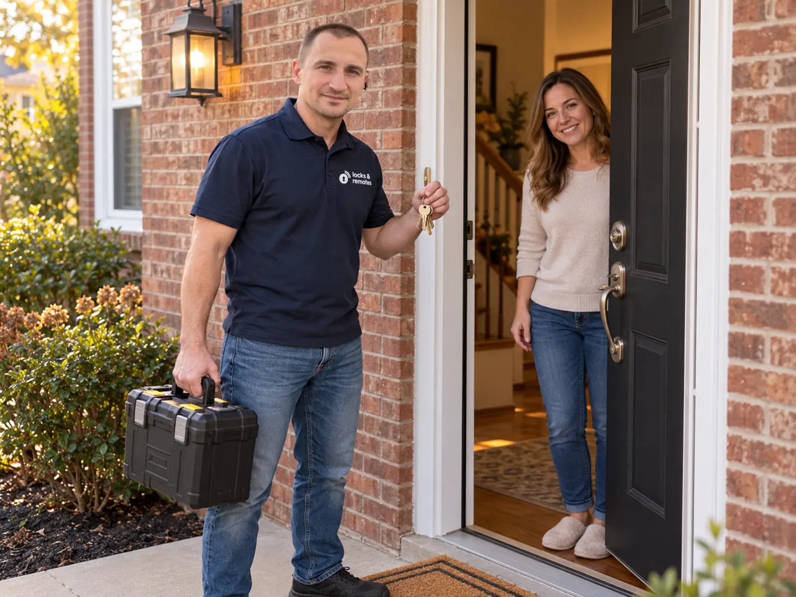 Locks and Remotes 24/7 technician with new house keys at a customer's front door