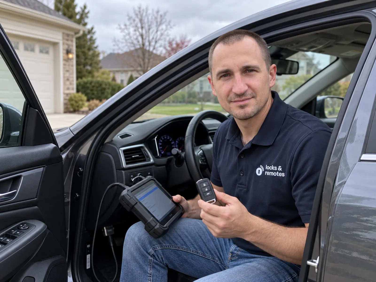 Technician programming a new car key with a diagnostic tablet